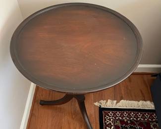 C28 - $75. PAIR of round side tables. Measures 22" x 27" tall. Tops of both show a little wear, minor water ring etc. Still look great!