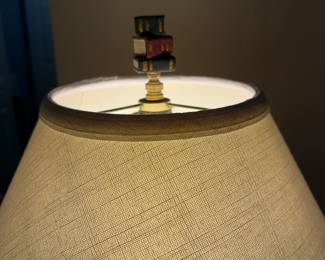 C146 - $40. PAIR of Brass Table Lamps. Measures 30" tall. Shades are in good condition. 