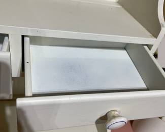 C84 - $40. Vintage White Hutch. Moves in 2 pieces for easier transport. Castors attached. Top is 36" wide x 9.5" deep x 38" tall. Base is 37" wide x 15" deep x 33" tall. 