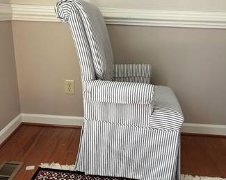 C20 - $150 PAIR of striped Upholstered Chairs. Measures 22" seat width x 27" outside arm width. 27" deep x 40" tall. 