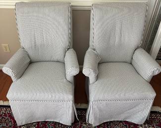 C20 - $150 PAIR of striped Upholstered Chairs. Measures 22" seat width x 27" outside arm width. 27" deep x 40" tall. 