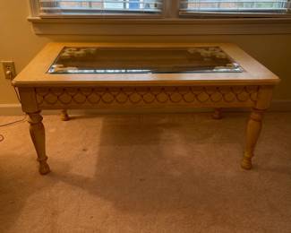 C61 - $65. Wooden Coffee Table with glass top. Measures 50" x 29" x 22.25" tall. Very sturdy & Solid. 