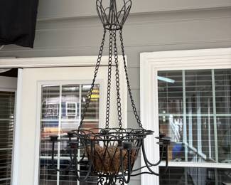 C145 - $25. Iron Hanging Basket Planter / Chandelier. Measures 18" across x 33" tall (53" long on the chain)