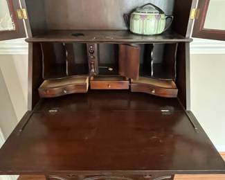 C79 - $225. Mahogany Drop Front Secretary with Glass Bookcase / Display Cabinet above. Measures 28" wide x 14.5" deep x 77" tall. 