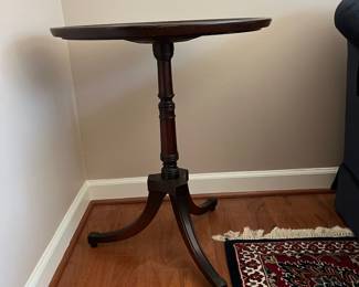 C28 - $75. PAIR of round side tables. Measures 22" x 27" tall. Tops of both show a little wear, minor water ring etc. Still look great!