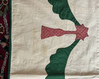 C154 - $65. Hand Pieced & Quilted Blanket & Matching Pillow with initials "EC" . Pillow is 14" square. Blanket is 57" x 86". Does have some light staining & 1 blue paint spot.  