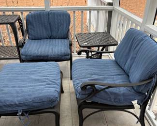 C26 - $550. PAIR of Deep Seated Cushioned Arm Chairs with 1 Ottoman and single side table. (Chairs are 26.75" wide x 24" deep x 31" tall. Floor to seat is 14.5") (Ottoman is 26.5" x 25" x 13.5" tall) (Side Table is 21" square x 21.25" tall) 