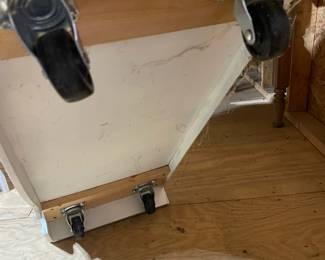 C84 - $40. Vintage White Hutch. Moves in 2 pieces for easier transport. Castors attached. Top is 36" wide x 9.5" deep x 38" tall. Base is 37" wide x 15" deep x 33" tall. 