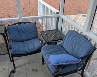 C26 - $550. PAIR of Deep Seated Cushioned Arm Chairs with 1 Ottoman and single side table. (Chairs are 26.75" wide x 24" deep x 31" tall. Floor to seat is 14.5") (Ottoman is 26.5" x 25" x 13.5" tall) (Side Table is 21" square x 21.25" tall) 