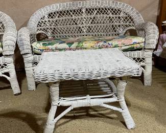 C111 - $75. 3 Piece Childs Wicker Set. Loveseat, Chair & Side Table. 