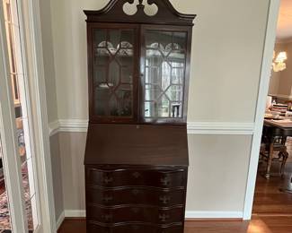 C79 - $225. Mahogany Drop Front Secretary with Glass Bookcase / Display Cabinet above. Measures 28" wide x 14.5" deep x 77" tall. 