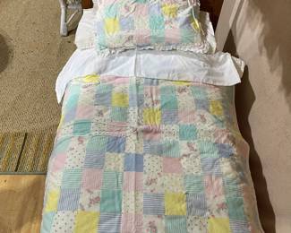 C110 - $60. Childs Toy Canopy Bed. Missing finials but could easily be replaced. Custom Handmade Bedding included. Measures 38.5" x 21.5" x 46" tall. 