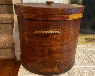 C100 - $65. Bent Wood Pantry / Storage Box with Lid and Rope Handles. Measures 15.25" wide x 14.25" tall. 