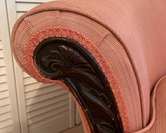 C55 - $75. Vintage Becker & Sons Upholstered Chair & Ottoman. Measures 40" wide x 35" deep x 31.5" tall.  Very good vintage condition.  Ottoman measures 22" wide x 17" deep x 16" tall.  