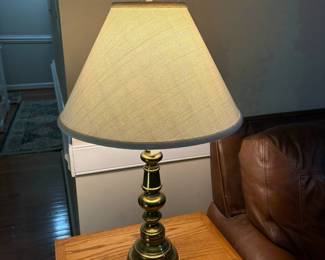 C146 - $40. PAIR of Brass Table Lamps. Measures 30" tall. Shades are in good condition. 