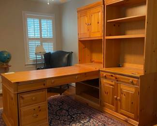 C39 - $250. Broyhill - Pine Office Furniture. Moves in 6 pieces. It is on the 2nd story so please have help to move! Can be configured a lot of ways! Individual piece on the right is 32" wide x 21" deep x 79" tall. Desk piece is 60" long + the attached piece making it 80" as set up. 32" deep x 30" tall. Very Sturdy!