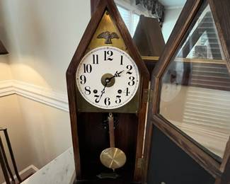 C45 - $35. Vintage Clock. Measures 10.75" x 6" deep x 23.5" tall. 