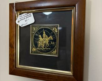 C107 - $20. Vintage Spain Gold Engraved Picture. Don Quixote Sancho Damascene Toledo. Measures 7.5" square. 