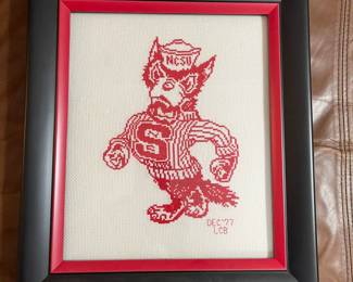 C35 - $25. Vintage 1977 NCSU Cross Stitch. Measures 12" x 14" framed. Excellent condition for the State Fans!