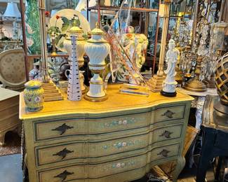 Handpainted Italian commode, Pair of metal buffet lamps, and more.