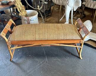 Bamboo window seat bench with woven seat.