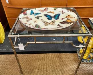Vintage faux bamboo end table, Vintage Fornasetti-style oval fiberglass butterfly tray