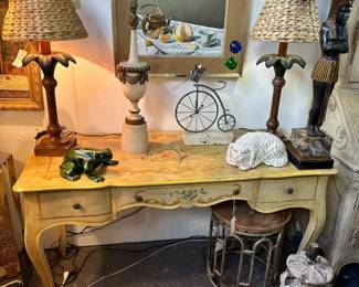 Handpainted French writing table, Pair of palm tree lamps with woven shades and more