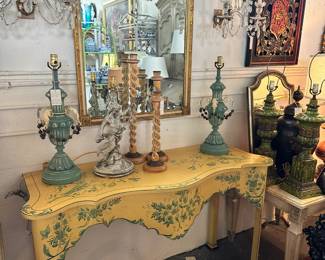 Handpainted French style console by Chelsea House, Pair of Irish crystal sconces, Pair of painted Italian lamps, and more