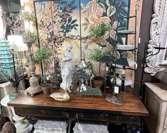 Four panel painted screen, Metal Tressle Desk with Plank Top, Pair of Italian Accent Tables, and more.