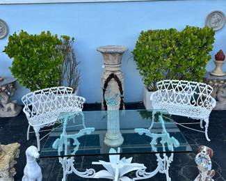 Vintage Woodard dining table with glass top, Pair of vintage Woodard aluminum settees, Concrete whippet, and more