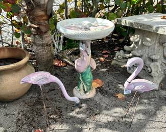 Pair vintage concrete garden flamingoes, Vintage flamingo bird bath