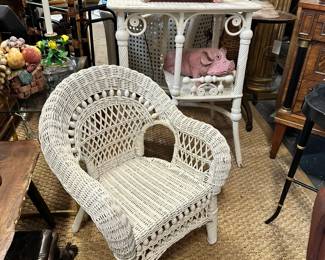 English wicker child's garden chair, Victorian wicker side table, and more