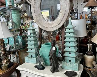 Pair of glazed terracotta Chinese temples, Painted bombe Italian commode, and more