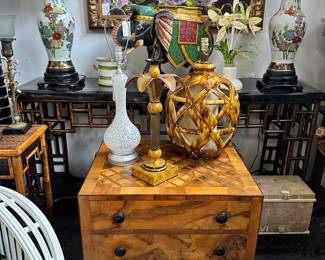 Olivewood burlwood Italian side table chest, Large, pierced Italian pottery lamp, Pair of Chinese handpainted porcelain vase lamps, and more.