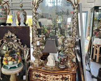 Silvergilt foliate mirror, Painted Italian commode, and more