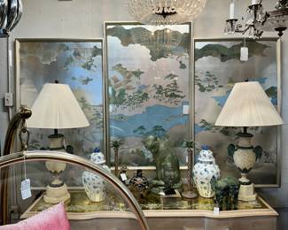 Chinese tryptic in silver frames, Post modern bubble chair, Grosfeld House pickled wood dresser, and more.