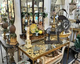 Gilt metal "butterfly" table, Arched window-pane mirror, Curule painted bench, Chinese porcelain garden stool, and more.