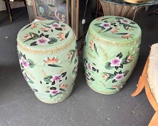 Pair of handpainted Chinese porcelain celedon garden stools