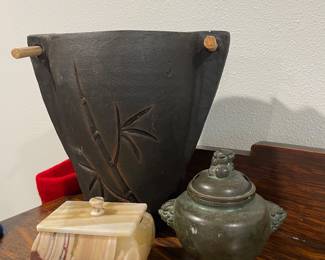 Japanese Style Pottery Vase with Carved Bamboo Design, Cream & Maroon Carved Onyx Trinket Box, Bronze Incense Burner
