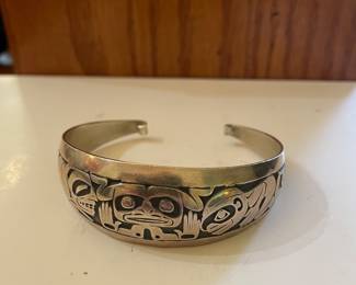 Barry Harrem Sterling Silver PNW Haida 'Emerging Mankind' Motif Cuff Bracelet