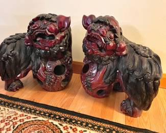 Pair of Japanese Carved Wood Red & Black Shisa Lion Sculptures