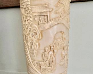 Vintage Faux Ivory Chinoiserie Vase: Elephant Handles, Mountain Scene