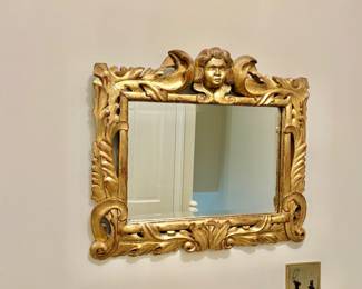 Giltwood Baroque Style Mirror with Cherub and Scrolling Acanthus Leaves