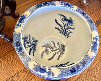 Blue and White Chinoiserie Large Bowl or Vase on Stand