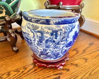 Blue and White Chinoiserie Large Bowl or Vase on Stand