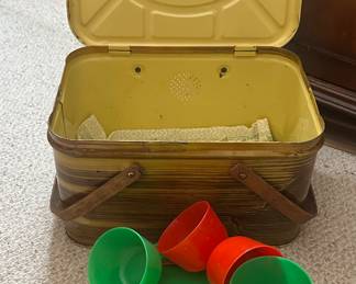 Vintage Metal Picnic Basket with Plastic Dishes