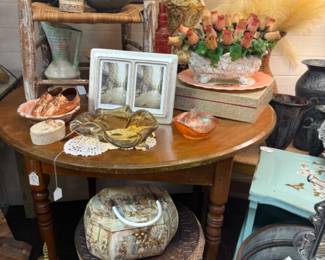 vintage side table and vintage brass fire dogs, lamps and more