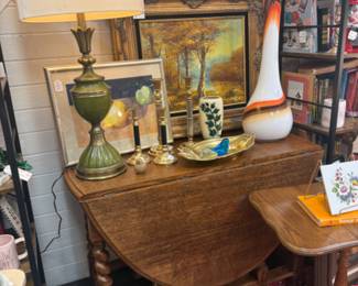 beautiful barley twist table with fold out leaves, framed oil, framed watercolor 