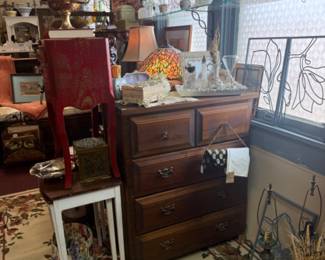 pretty vintage dresser, side tables and art