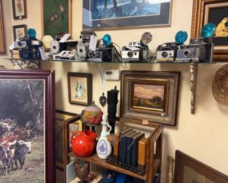 vintage cameras framed art, books